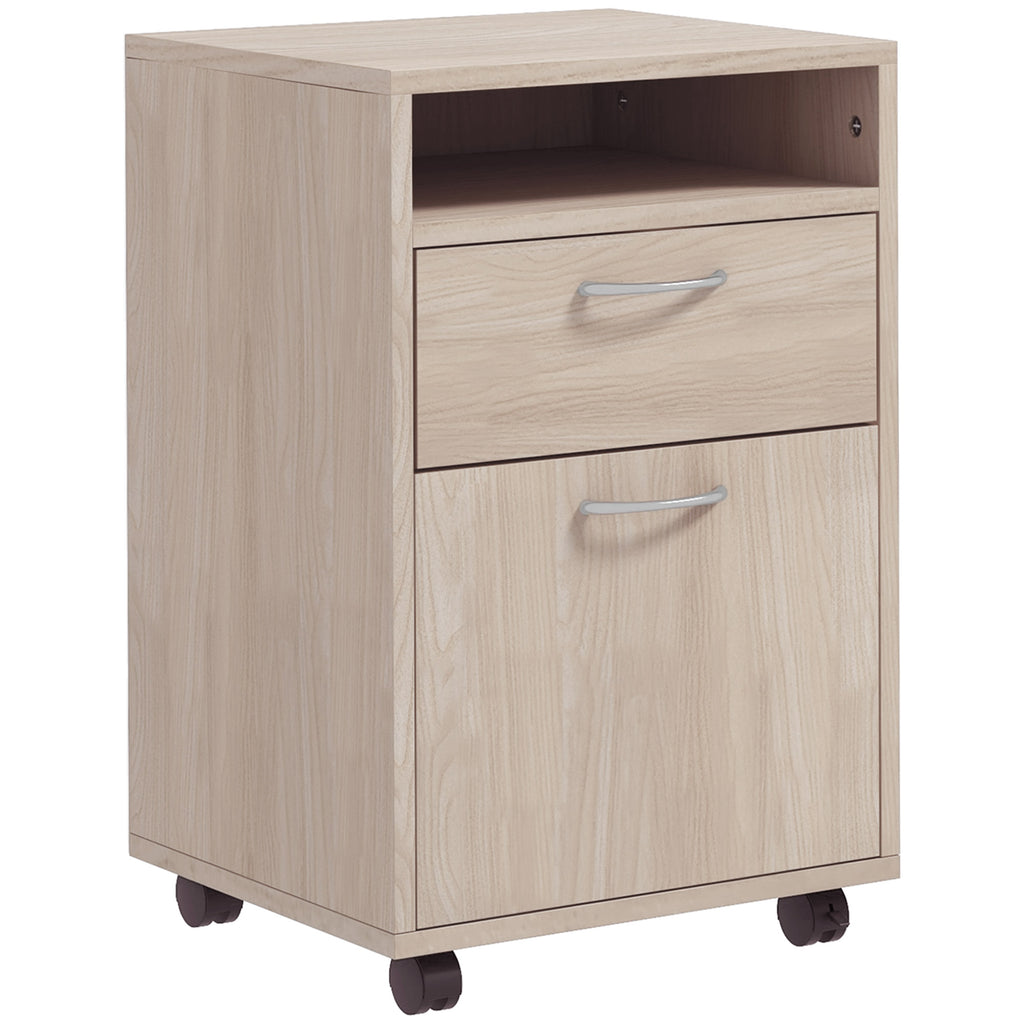 Rolling Office Cabinet with Drawer, Cupboard & File Holder – Oak