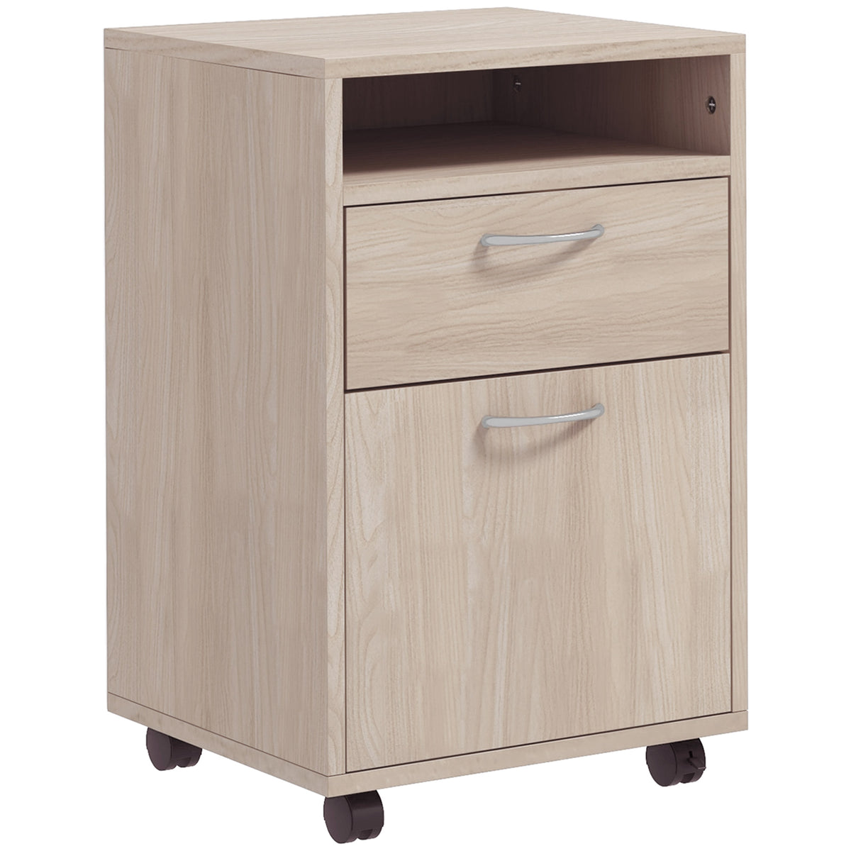 Rolling Office Cabinet with Drawer, Cupboard & File Holder – Oak