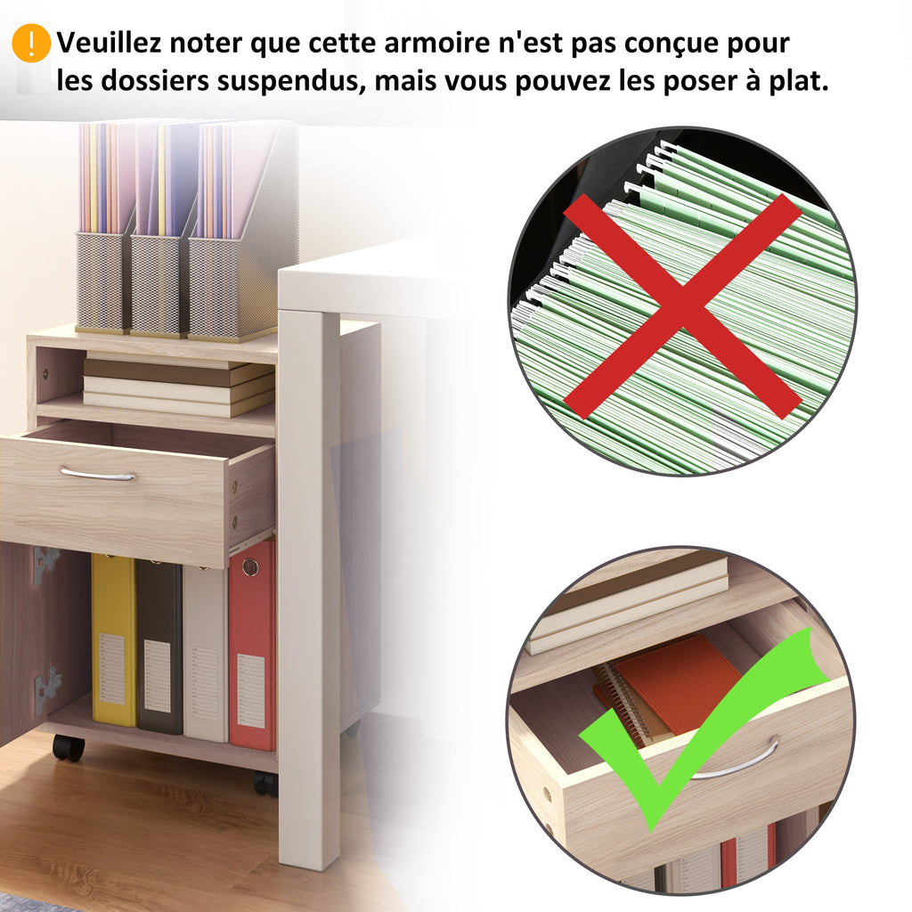 Rolling Office Cabinet with Drawer, Cupboard & File Holder – Oak