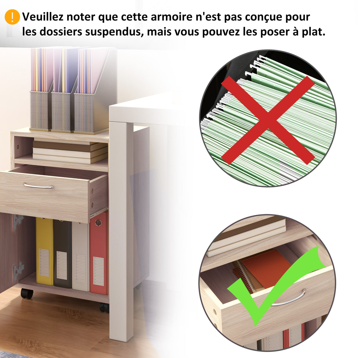 Rolling Office Cabinet with Drawer, Cupboard & File Holder – Oak