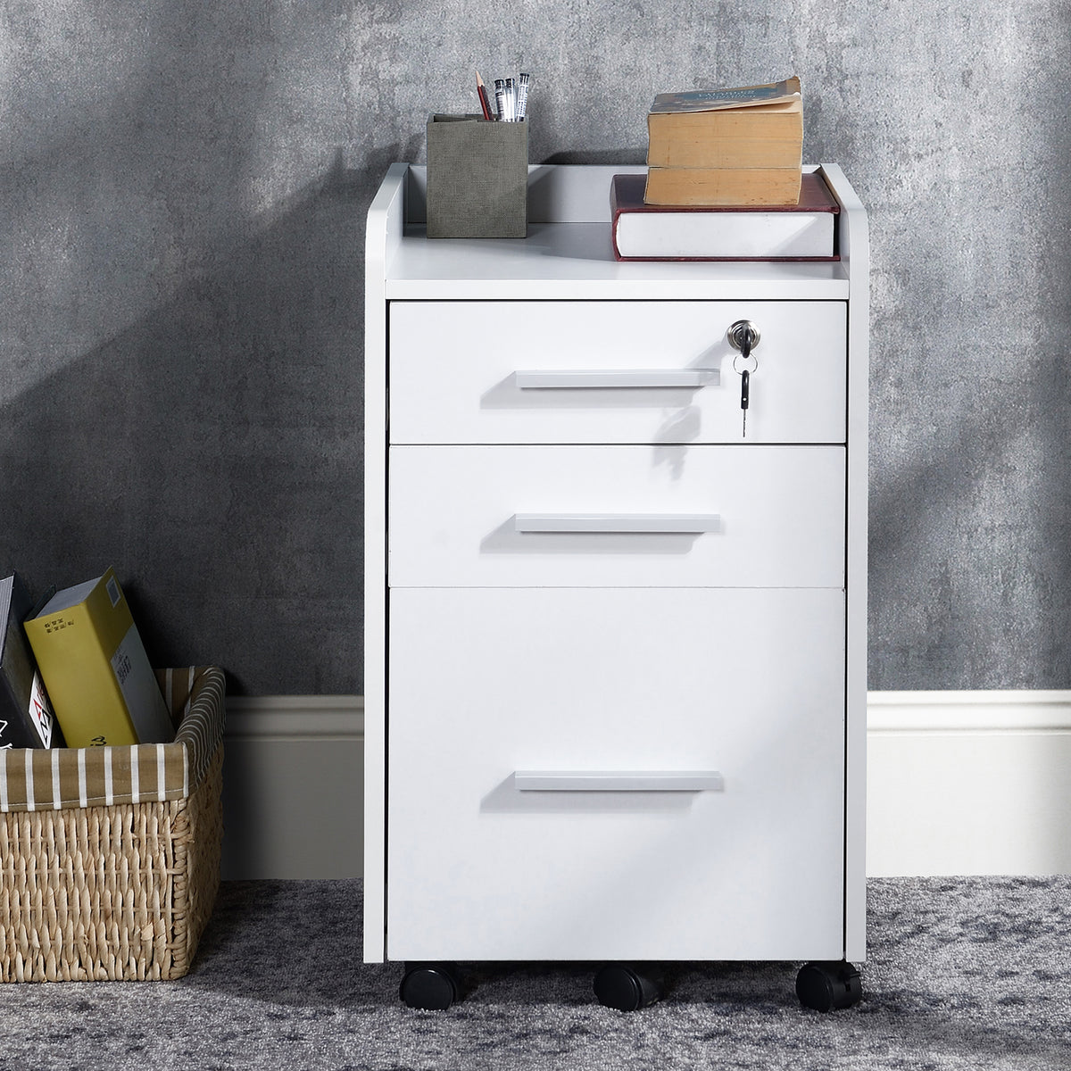 White 3-Drawer Rolling Filing Cabinet