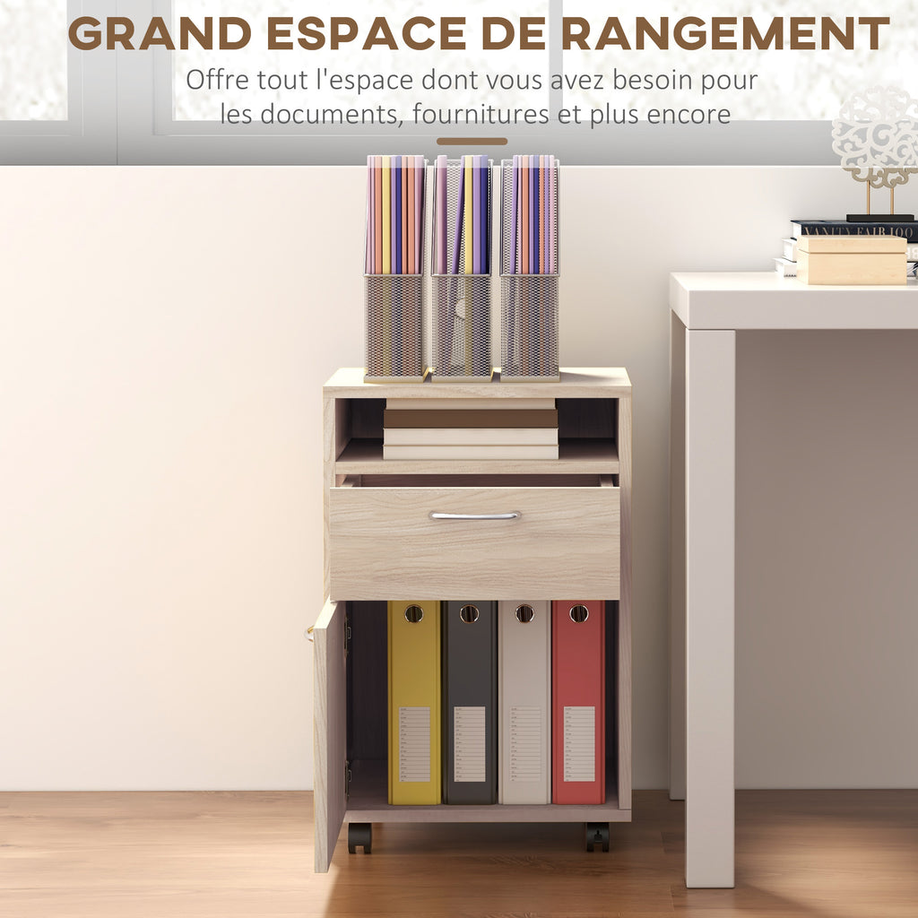 Rolling Office Cabinet with Drawer, Cupboard & File Holder – Oak