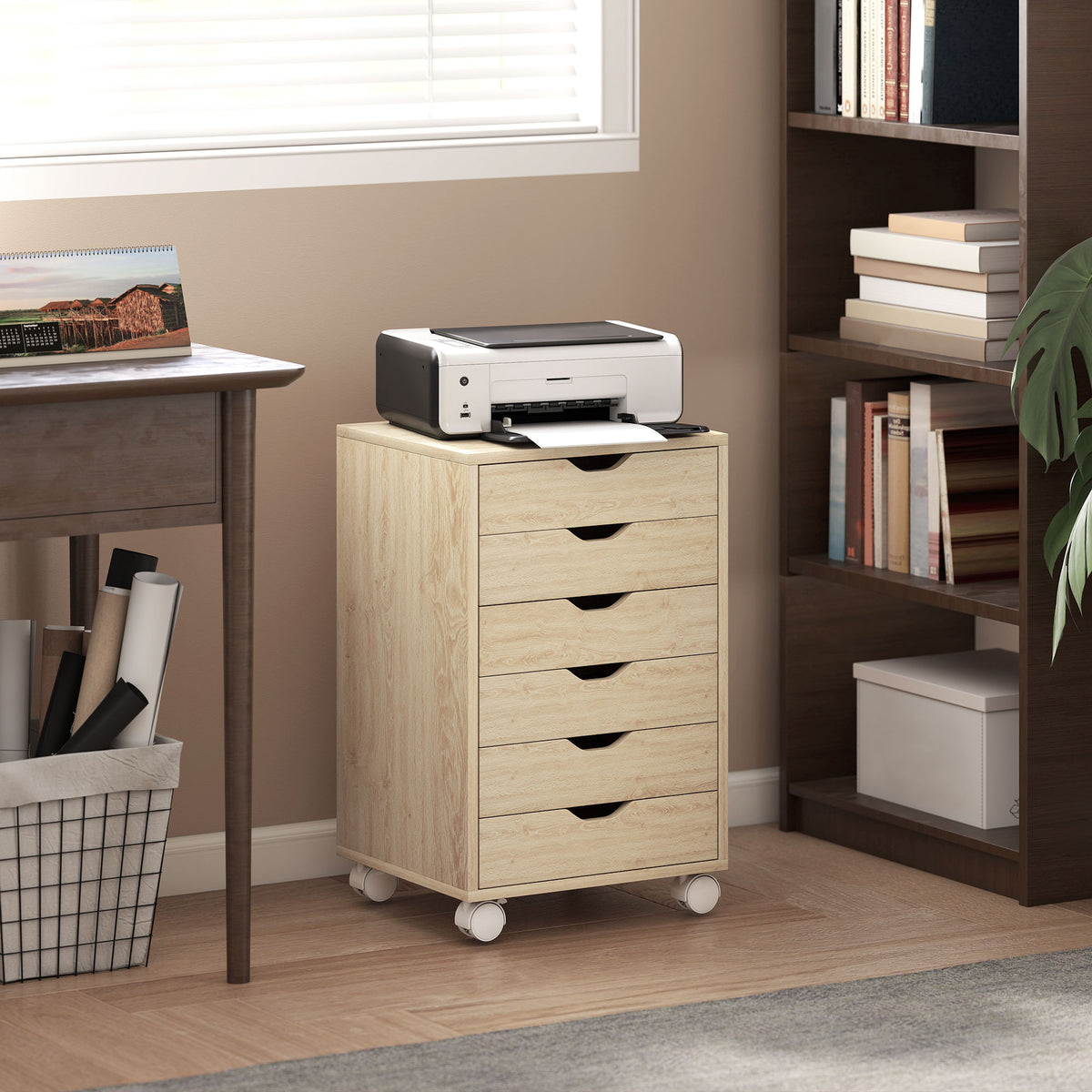 6-Drawer Silent Office Cabinet with Printer Stand – Oak