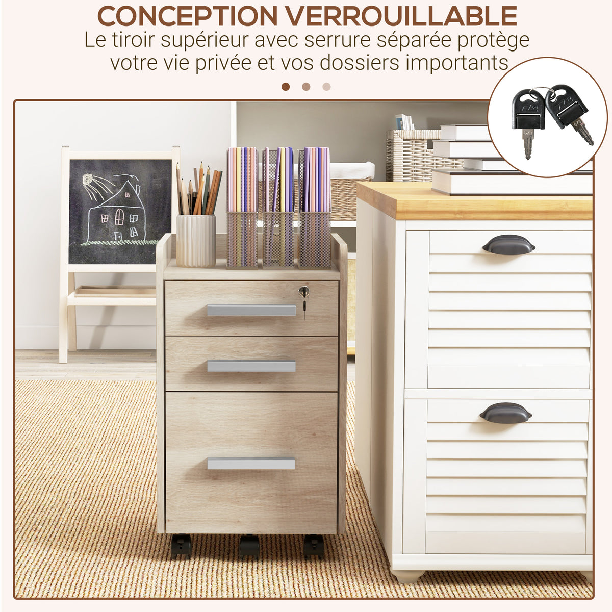 3-Drawer Lockable Rolling Office Cabinet – Beige