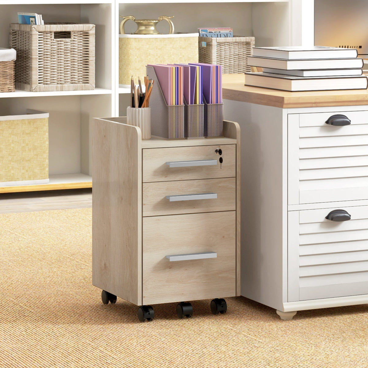 3-Drawer Lockable Rolling Office Cabinet – Beige