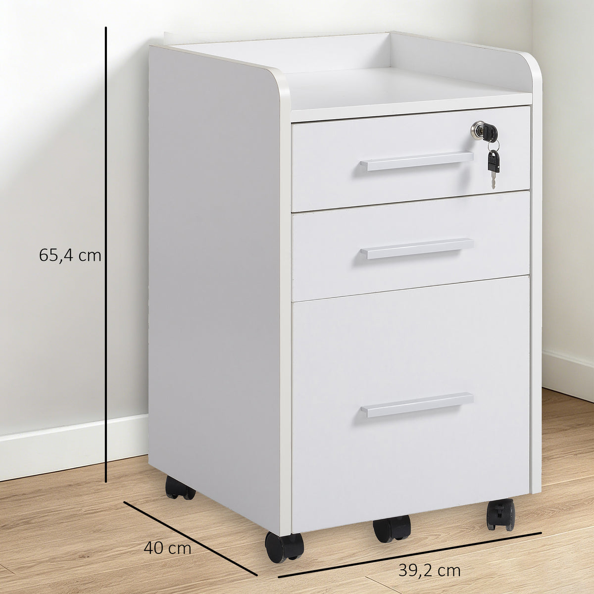 3-Drawer Lockable Rolling Office Cabinet – White
