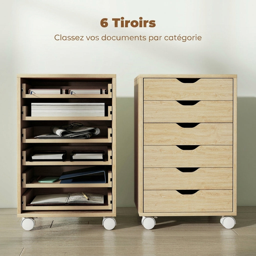 6-Drawer Silent Office Cabinet with Printer Stand – Oak