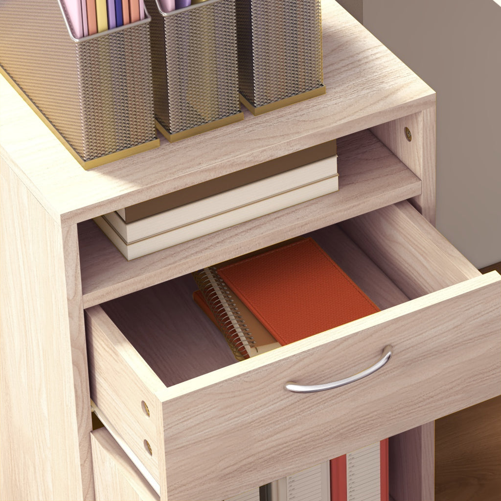 Rolling Office Cabinet with Drawer, Cupboard & File Holder – Oak