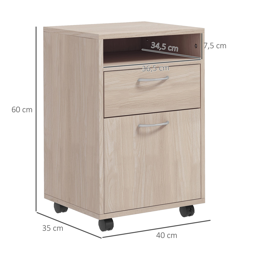 Rolling Office Cabinet with Drawer, Cupboard & File Holder – Oak