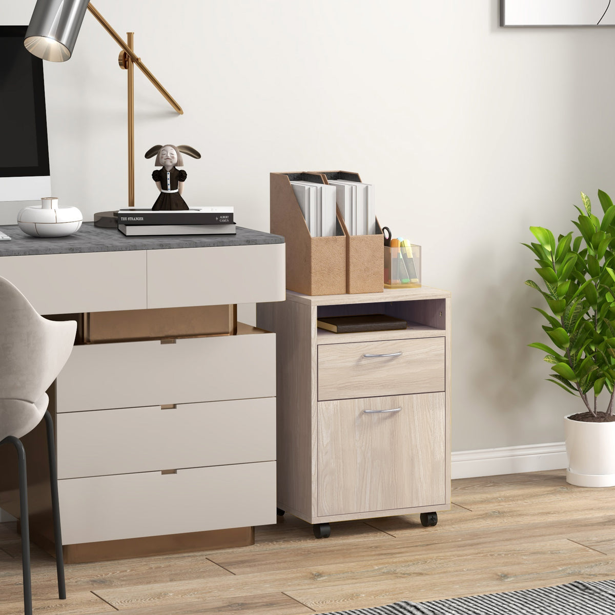 Rolling Office Cabinet with Drawer, Cupboard & File Holder – Oak