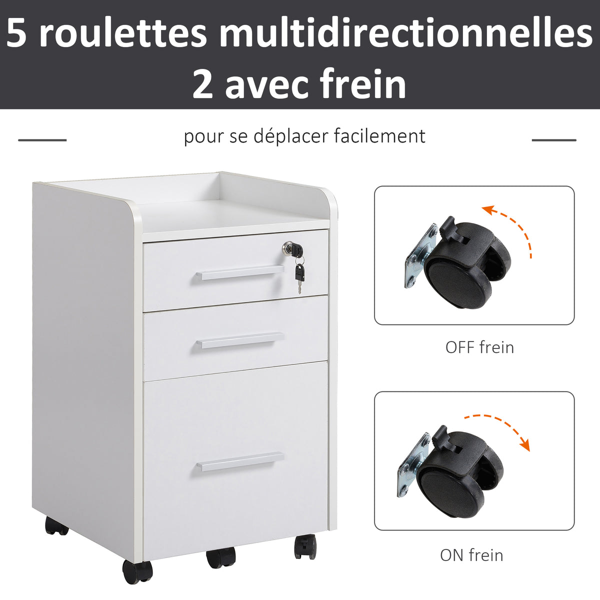 3-Drawer Lockable Rolling Office Cabinet – White