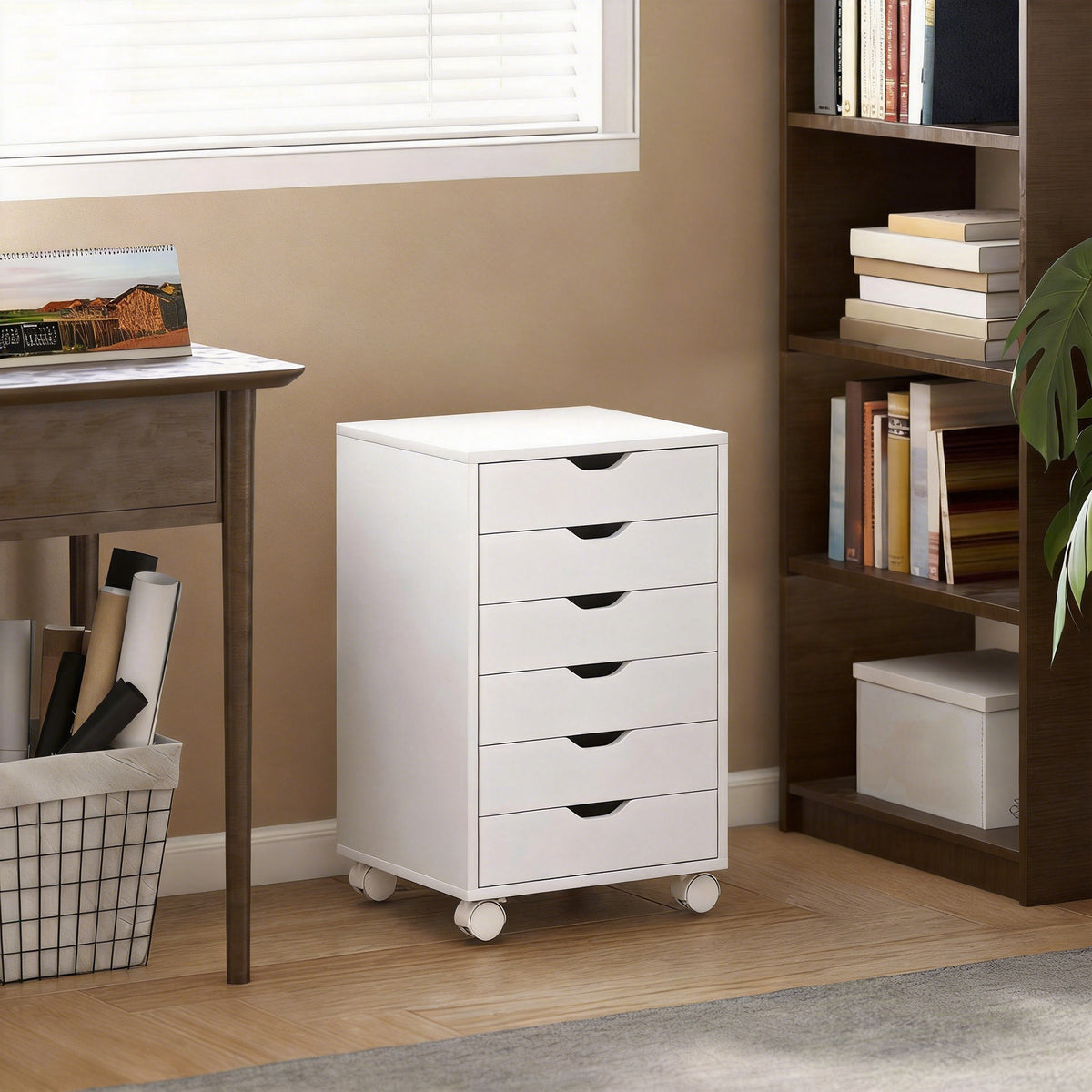 White 6-Drawer Rolling Office Cabinet with Printer Stand