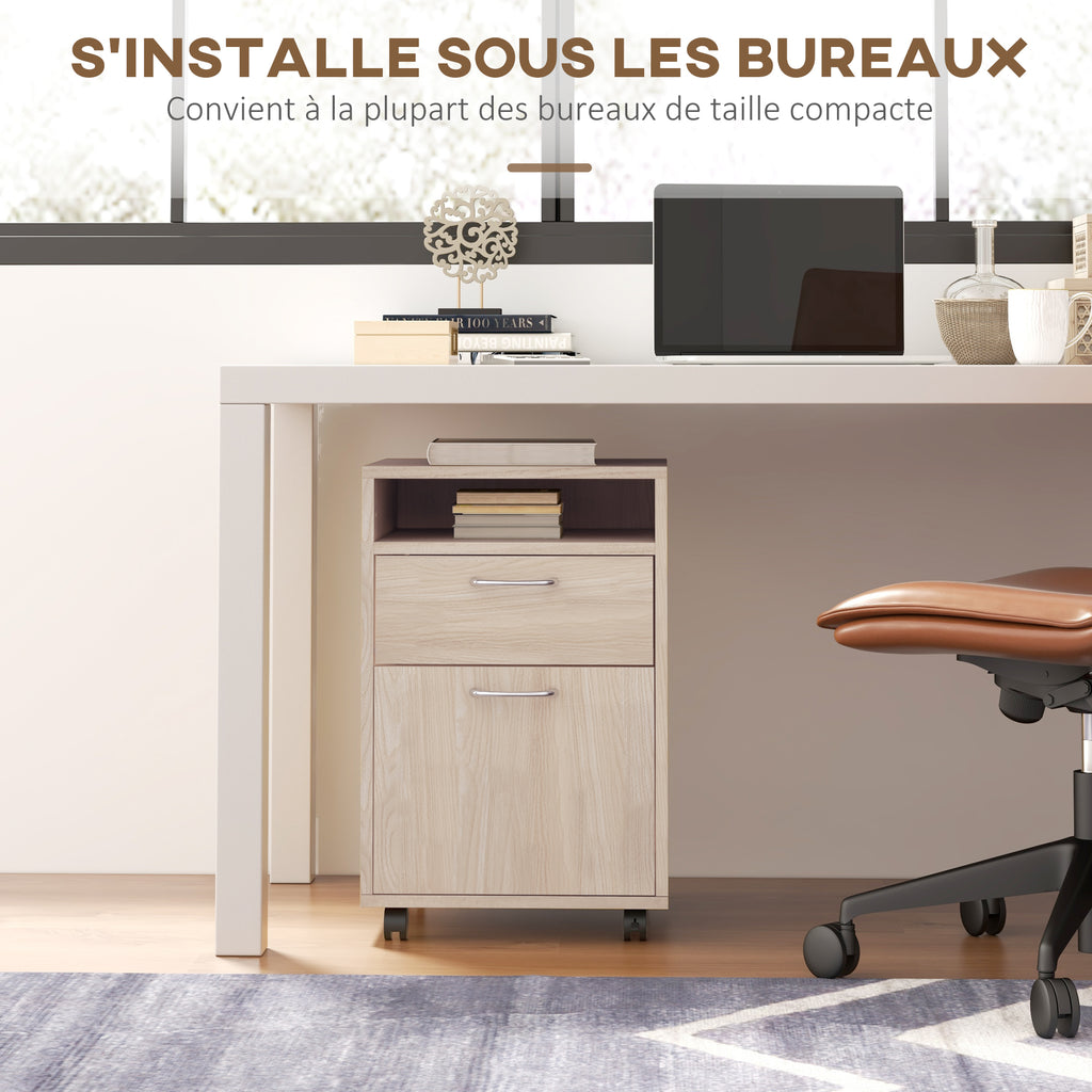 Rolling Office Cabinet with Drawer, Cupboard & File Holder – Oak