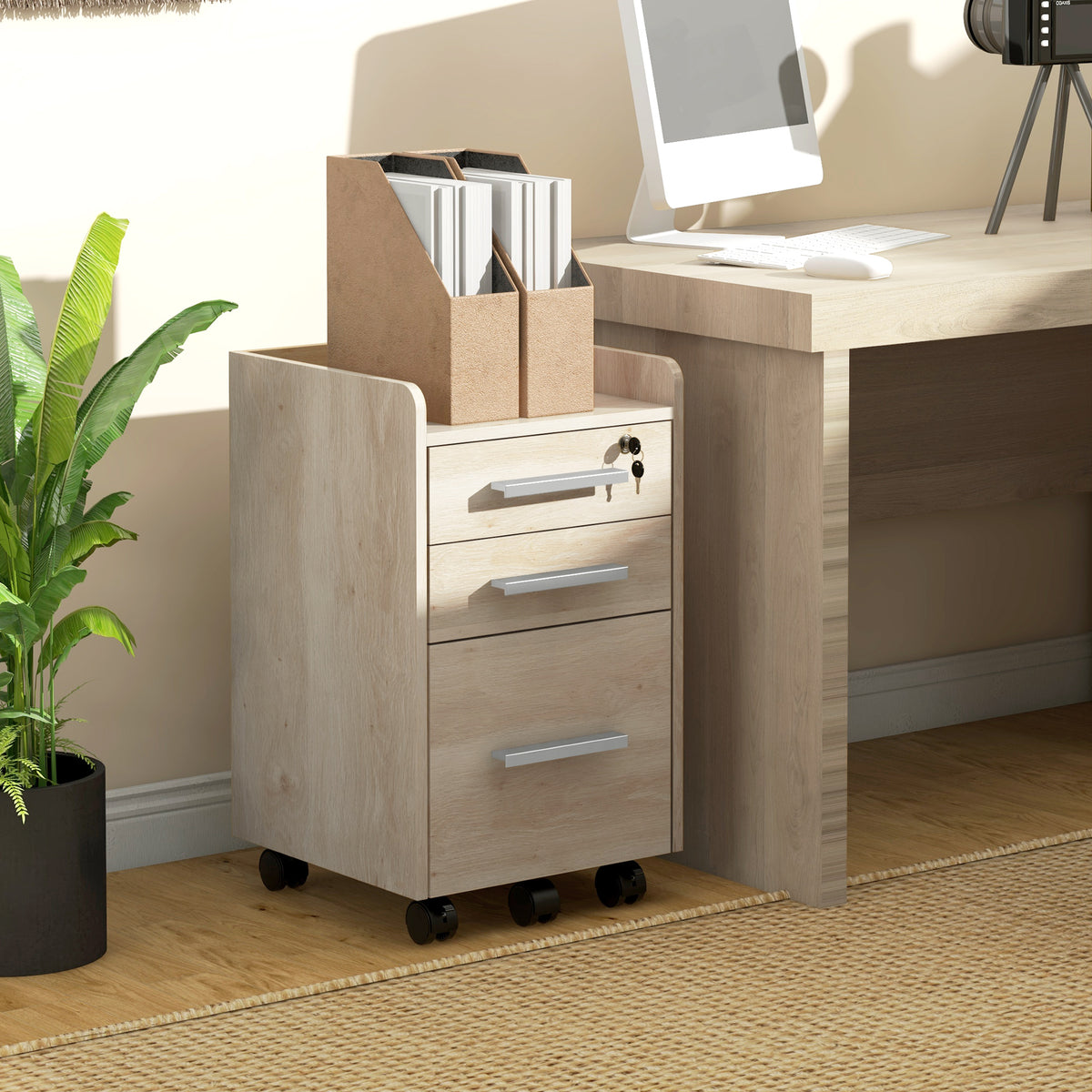 3-Drawer Lockable Rolling Office Cabinet – Beige
