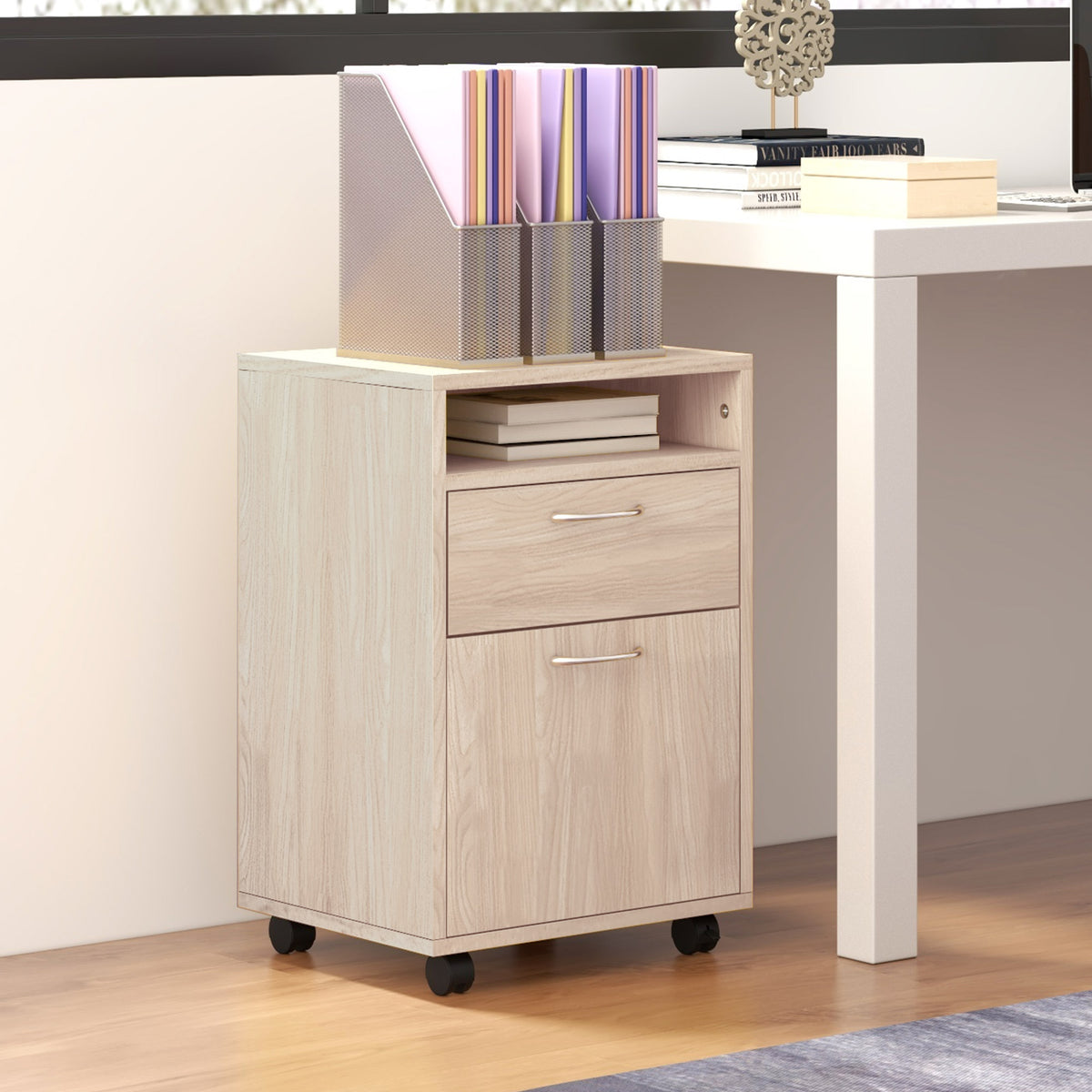 Rolling Office Cabinet with Drawer, Cupboard & File Holder – Oak