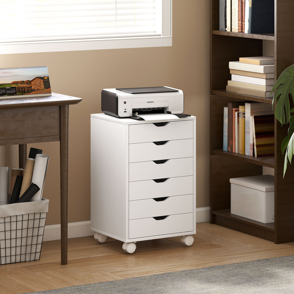 White 6-Drawer Rolling Office Cabinet with Printer Stand