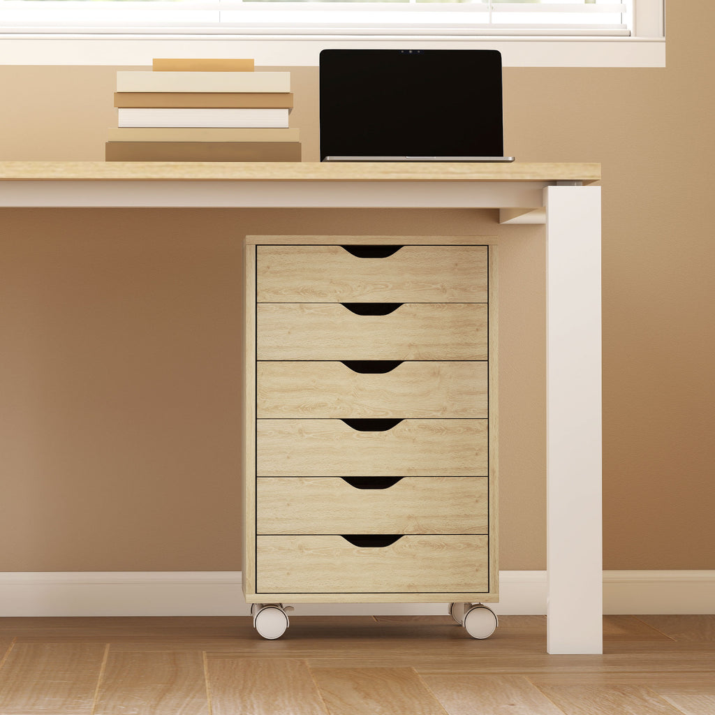 6-Drawer Silent Office Cabinet with Printer Stand – Oak