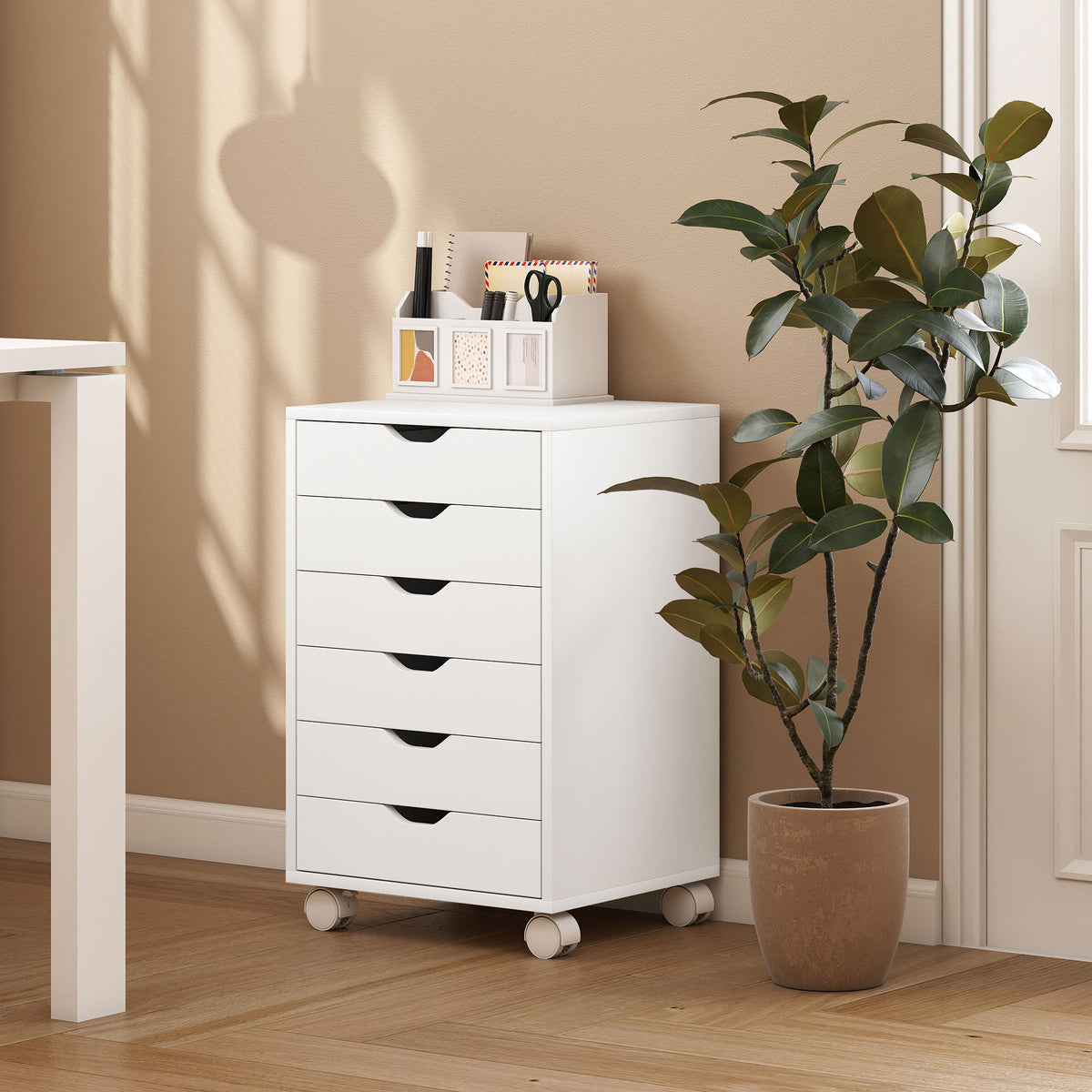 White 6-Drawer Rolling Office Cabinet with Printer Stand