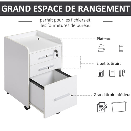 3-Drawer Lockable Rolling Office Cabinet – White