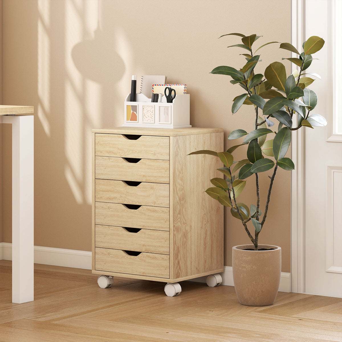6-Drawer Silent Office Cabinet with Printer Stand – Oak