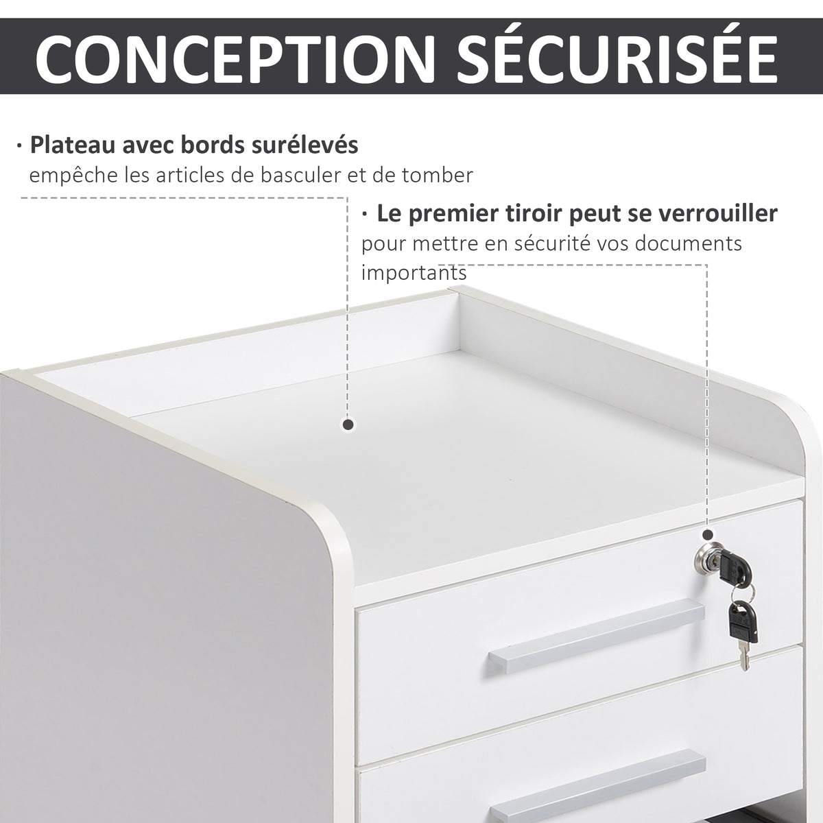 3-Drawer Lockable Rolling Office Cabinet – White